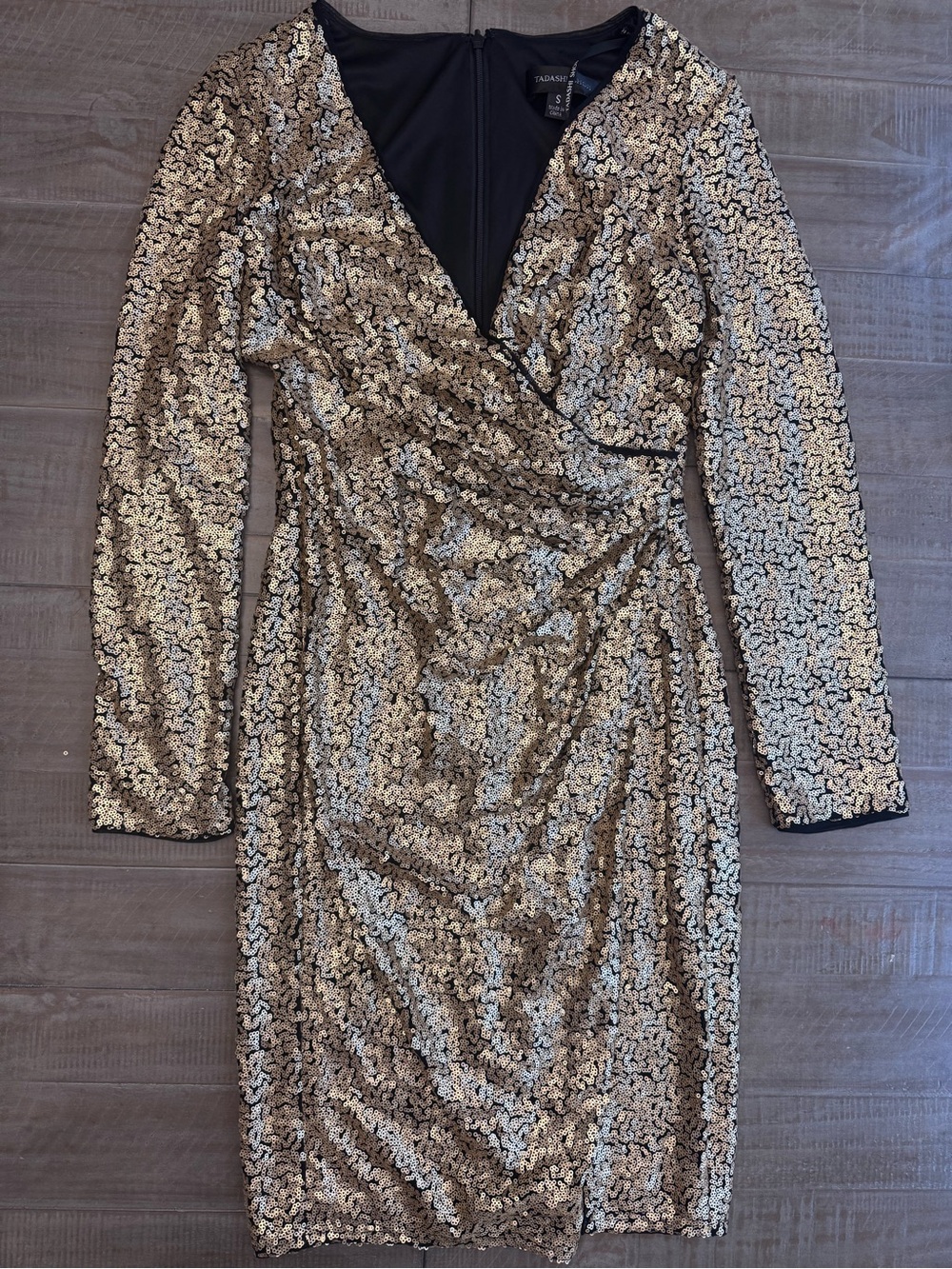 Tadashi Shoji Gold Sequin Ruched Long Sleeve Cocktail Dress S